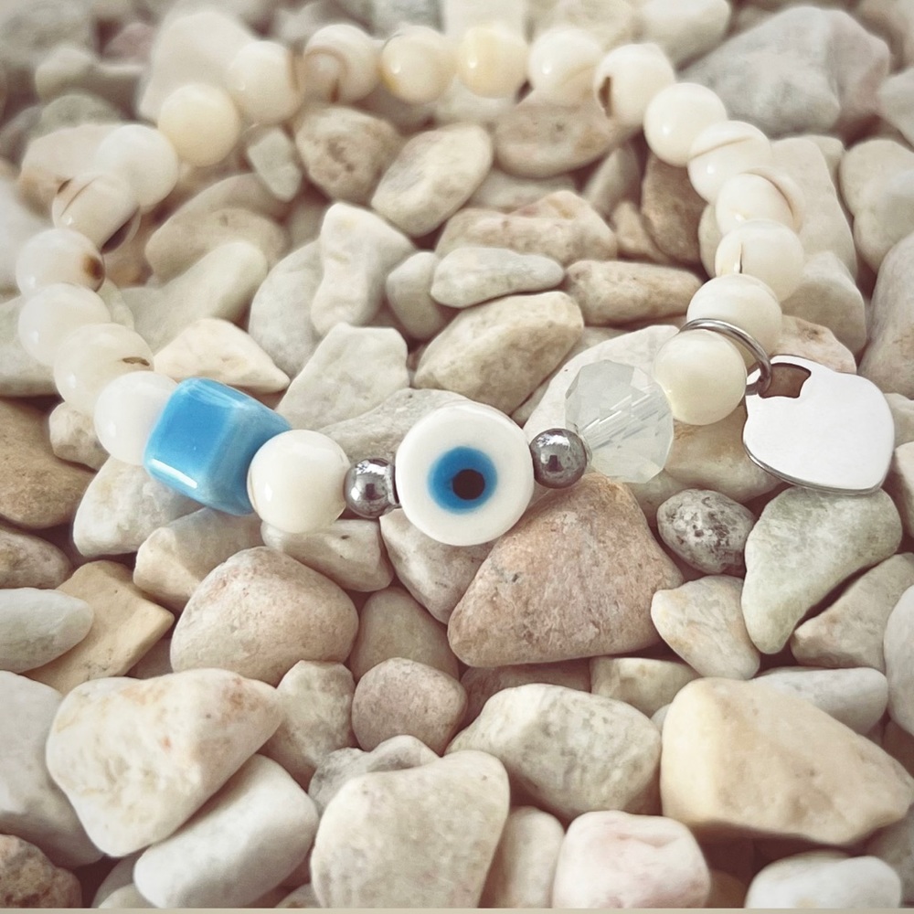 PAROS Evil Eye Bracelet featuring shell beads & an opal crystal rondelle